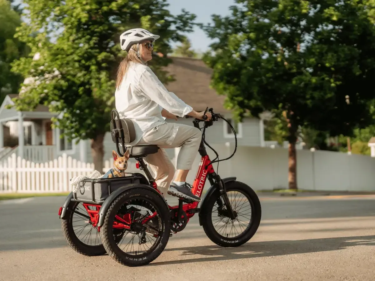Older rider in an upright comfort position on an electric trike
